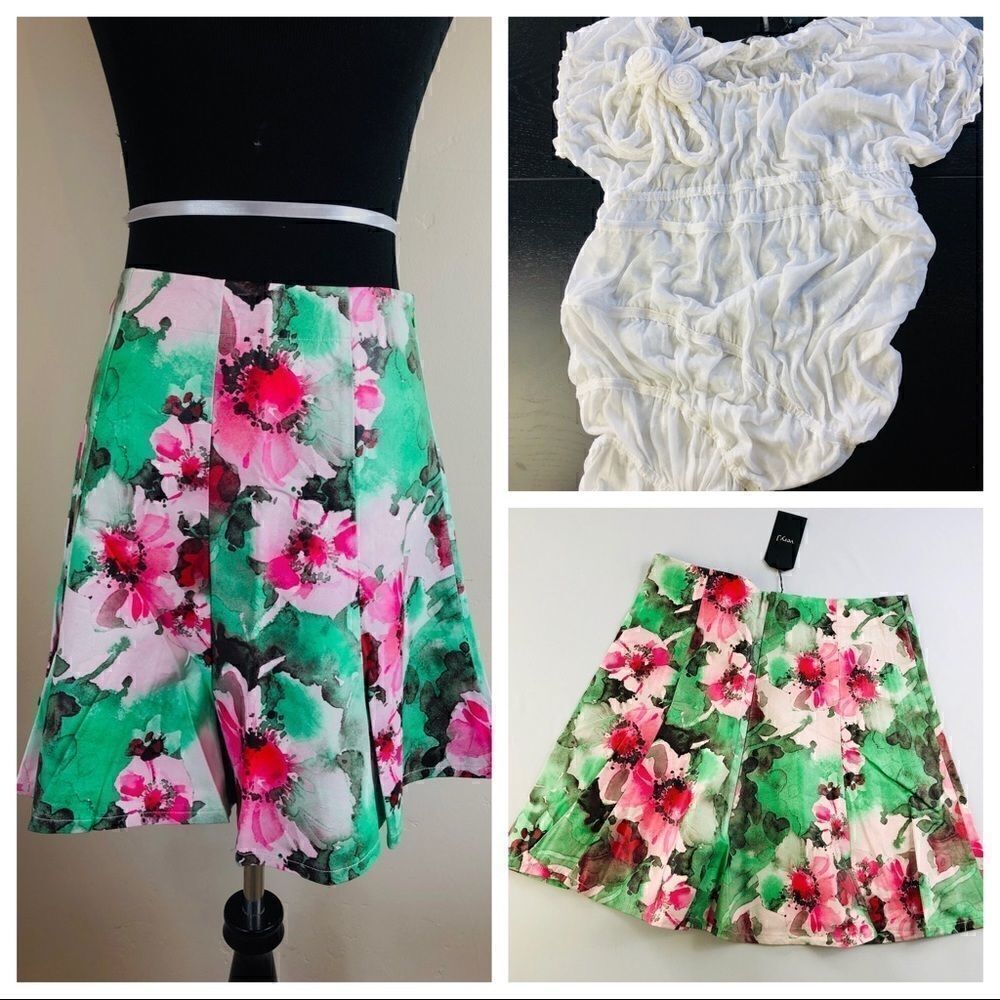 Red Berry Faux Leather Floral Skater Skirt